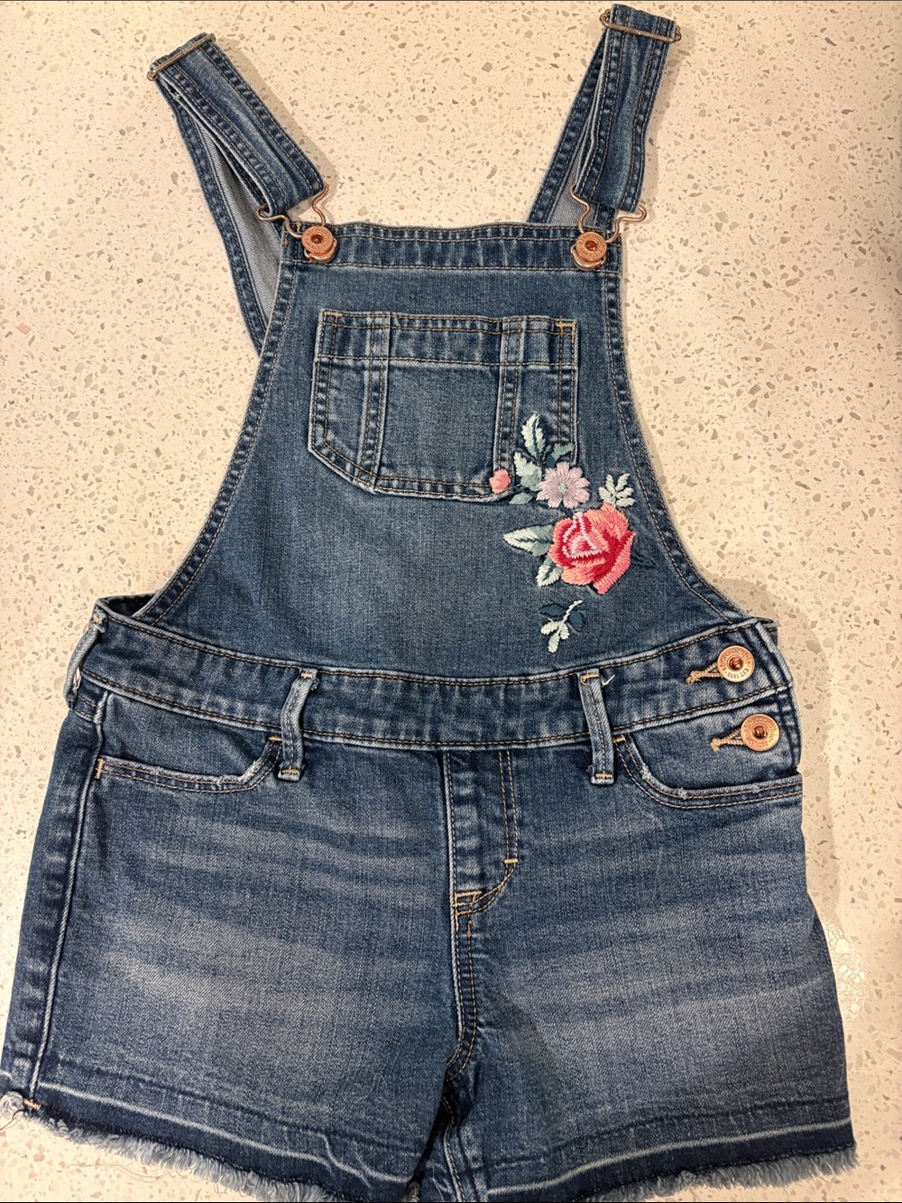Abercrombie kids Denim Short Overalls with Embroidered Rose